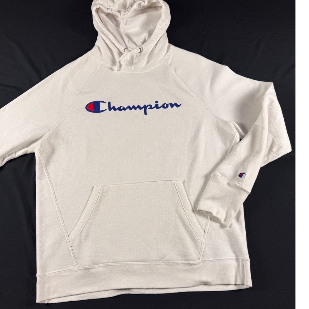 Champion Child White Script Logo Pullover Hoodie Sweatshirt Large Raglan Sleeve